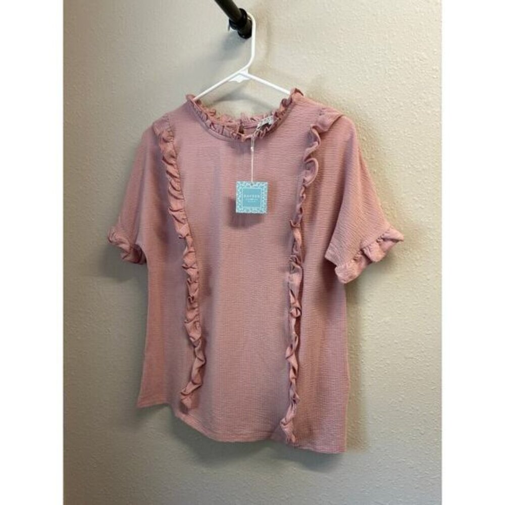 NWT Hayden Los Angeles BabyDoll Pink Ruffled Dolman Sleeve Keyhole Shirt Size M